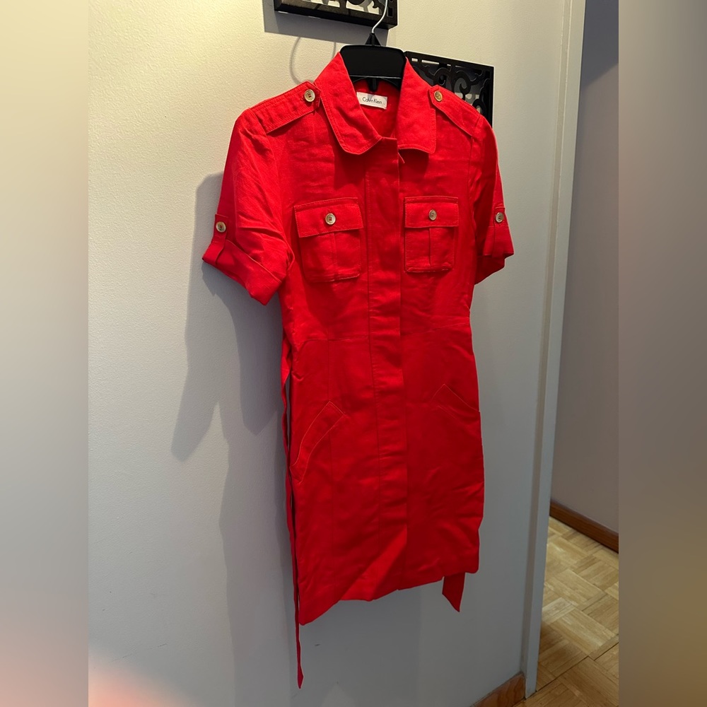 Calvin Klein Red Linen Dress, Size XS